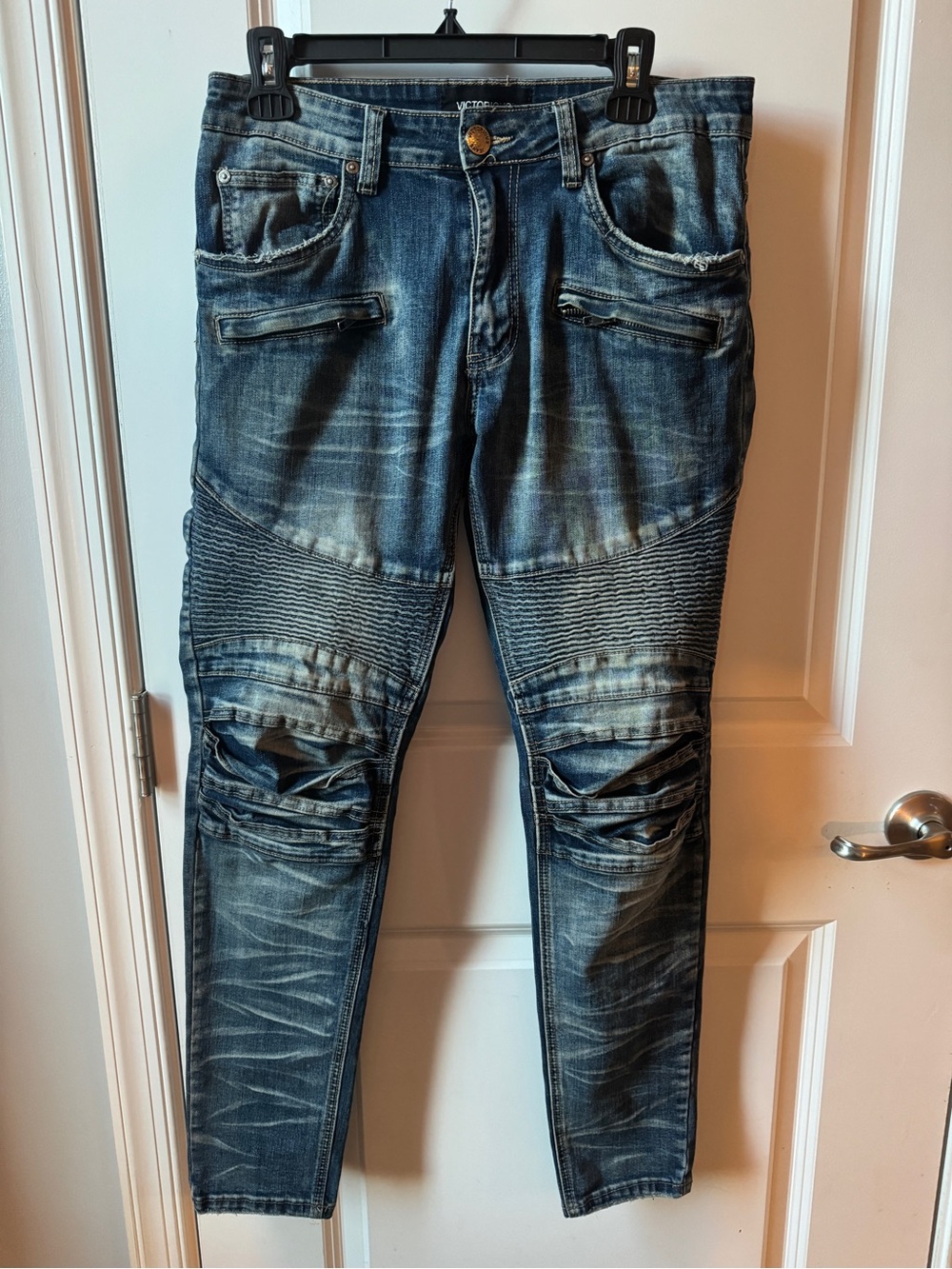 Vintage Men's Skinny Distressed Blue Moto Jeans